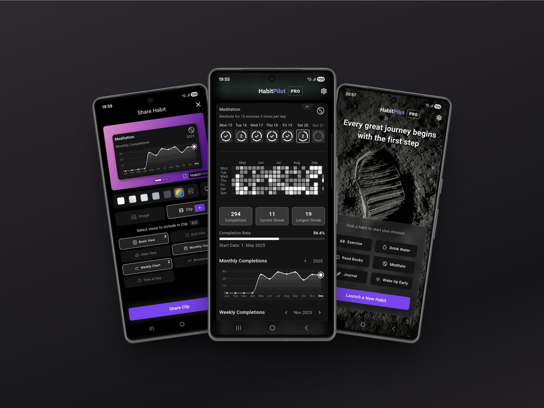 HabitPilot App Interface – Habit Tracker Statistics, Progress Charts & Dark Mode Design Three smartphone screens of the HabitPilot app: left the sharing feature for generating progress video clips, center progress statistics with heatmap and streaks, right the onboarding view in a dark UI design.